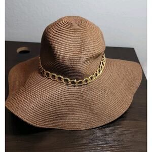 Elegant Brown Wide-Brim Hat with Gold Chain Accent Sun Hat